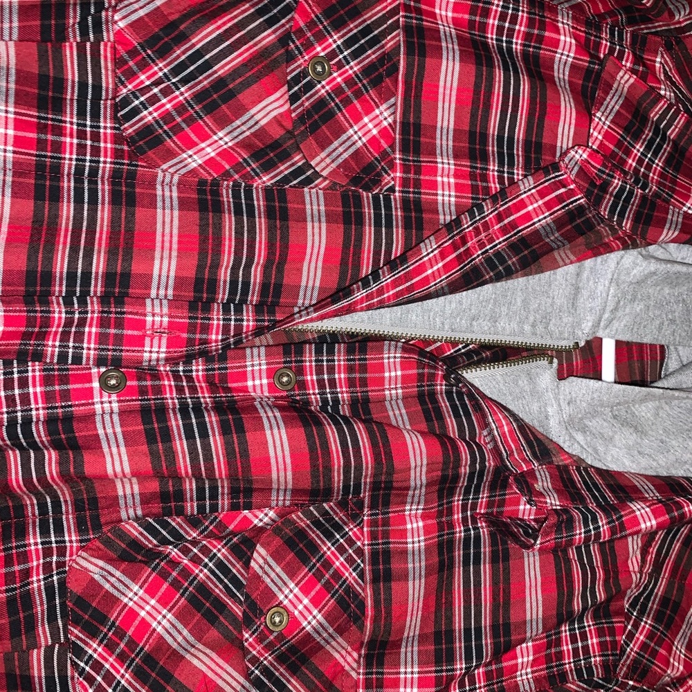 Red and Black Plaid Sweatshirt Zip-up Jacket